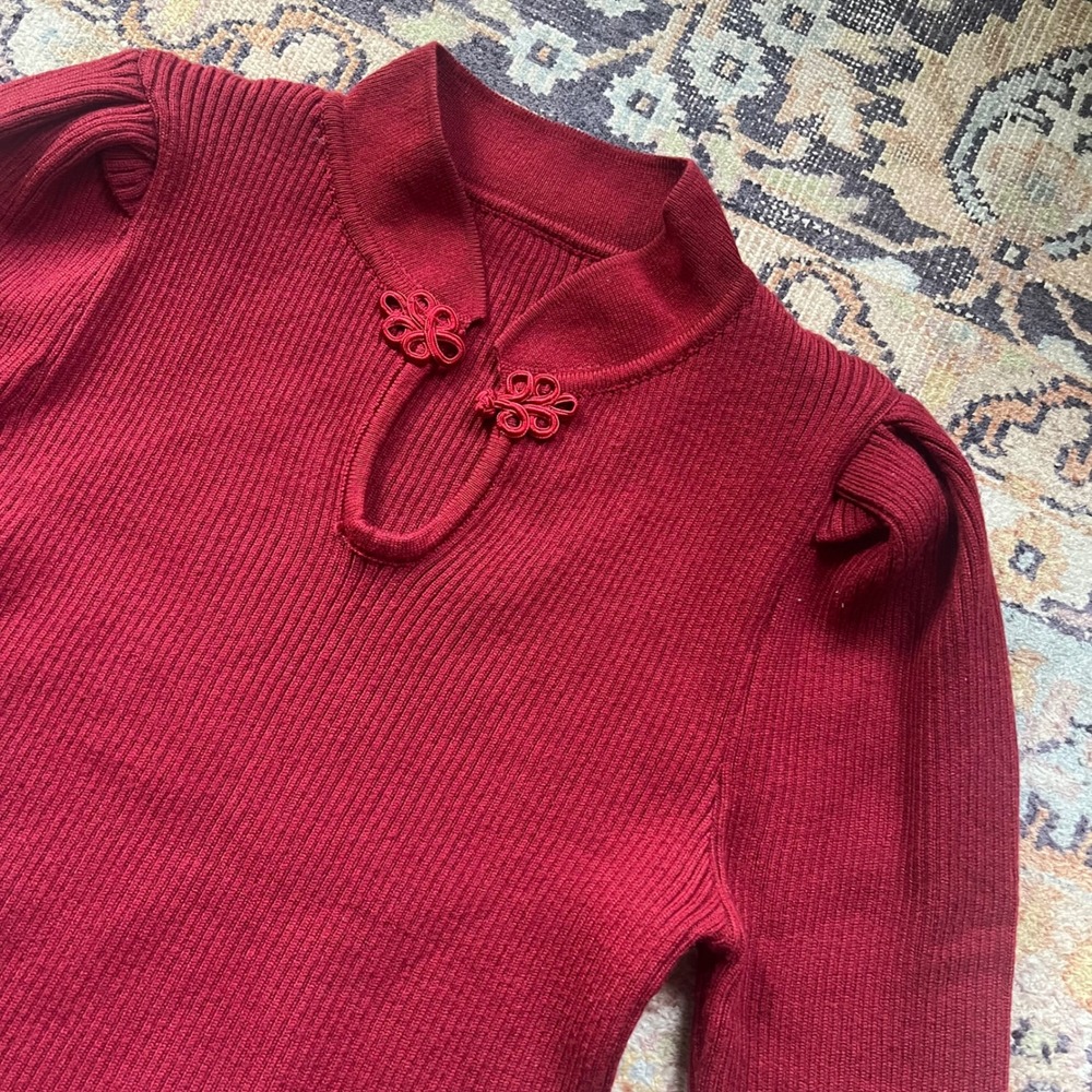 Burgundy Mandarin Collar Ribbed Knit Sweater Frog Knot Puff Sleeve Top Small - Picture 3 of 4